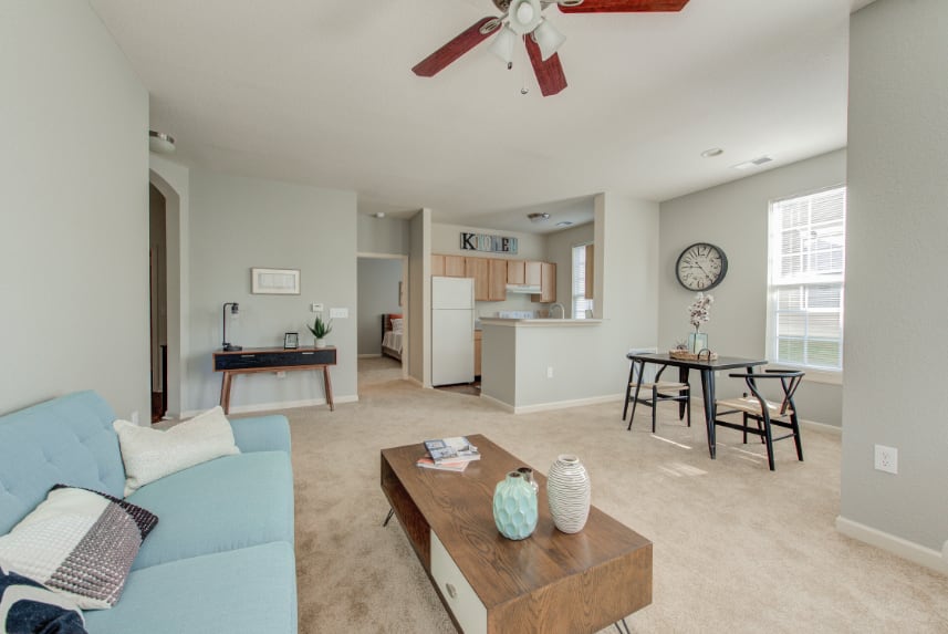 Model living room in a Indianapolis apartment.